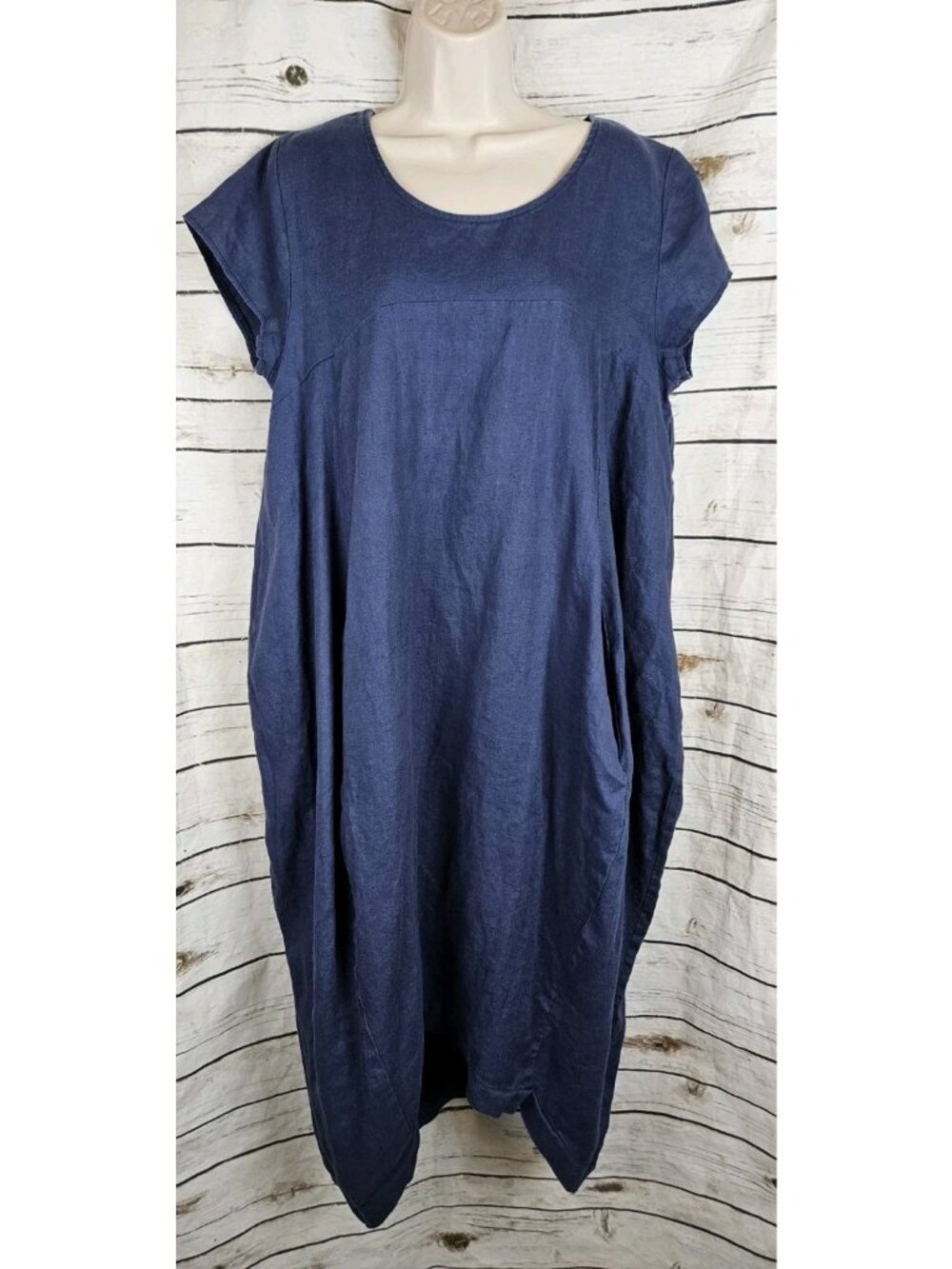 Cali & Co Blue 100% Linen Lantern Dress M/L Midi Coastal Resort Minimalist